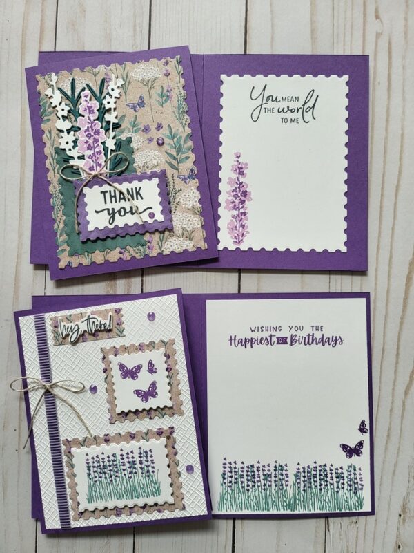 Lavender, teal, flowers, greenery, ribbon, butterflies, card holder, cards, thank you, hello there