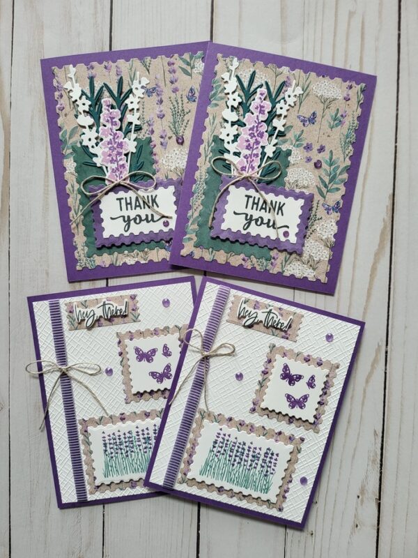 Lavender, teal, flowers, greenery, ribbon, butterflies, card holder, cards, thank you, hello there