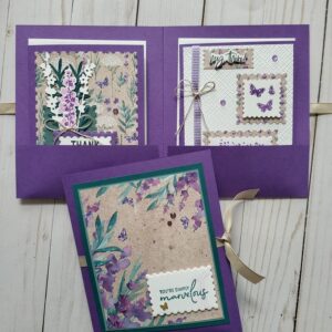 Lavender, teal, flowers, greenery, ribbon, butterflies, card holder, cards, thank you, hello there