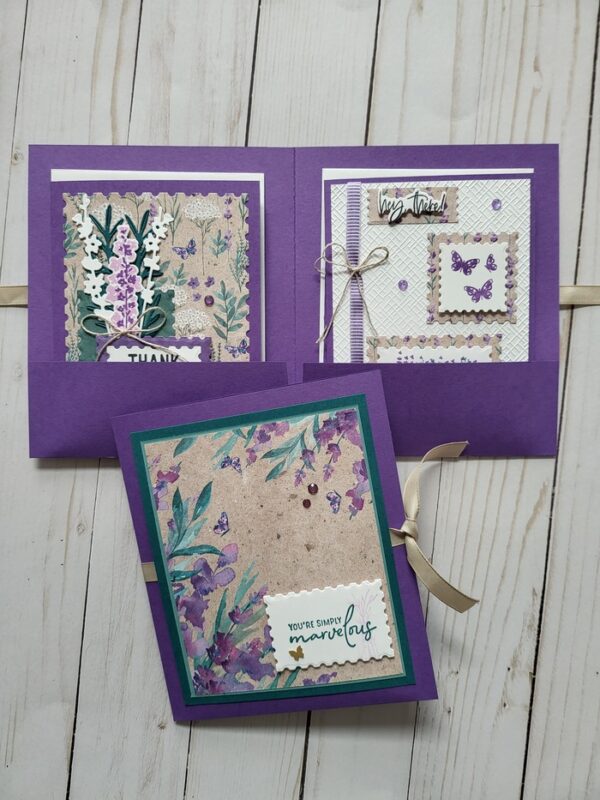 Lavender, teal, flowers, greenery, ribbon, butterflies, card holder, cards, thank you, hello there