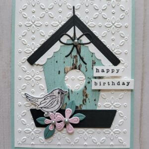 Country Birdhouse, Bird, Happy Birthday, Black, White, Blue Weathered Wood, Flowers