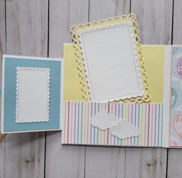 Wish Big, Happy Birthday, Hot Air Balloons, Pastel colors, Ribbon, Tri Fold Memory Book, Picture Frames