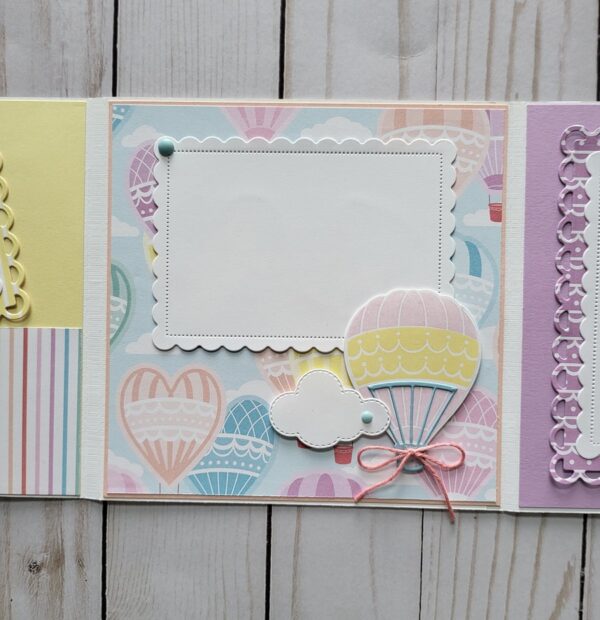 Wish Big, Happy Birthday, Hot Air Balloons, Pastel colors, Ribbon, Tri Fold Memory Book, Picture Frames