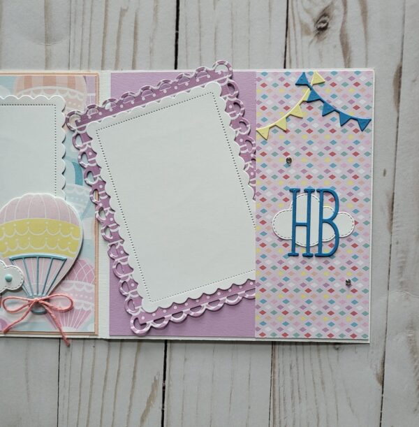 Wish Big, Happy Birthday, Hot Air Balloons, Pastel colors, Ribbon, Tri Fold Memory Book, Picture Frames