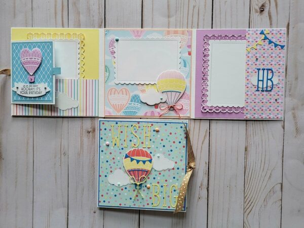 Wish Big, Happy Birthday, Hot Air Balloons, Pastel colors, Ribbon, Tri Fold Memory Keeping Book, Picture Frames, Scrapbooking