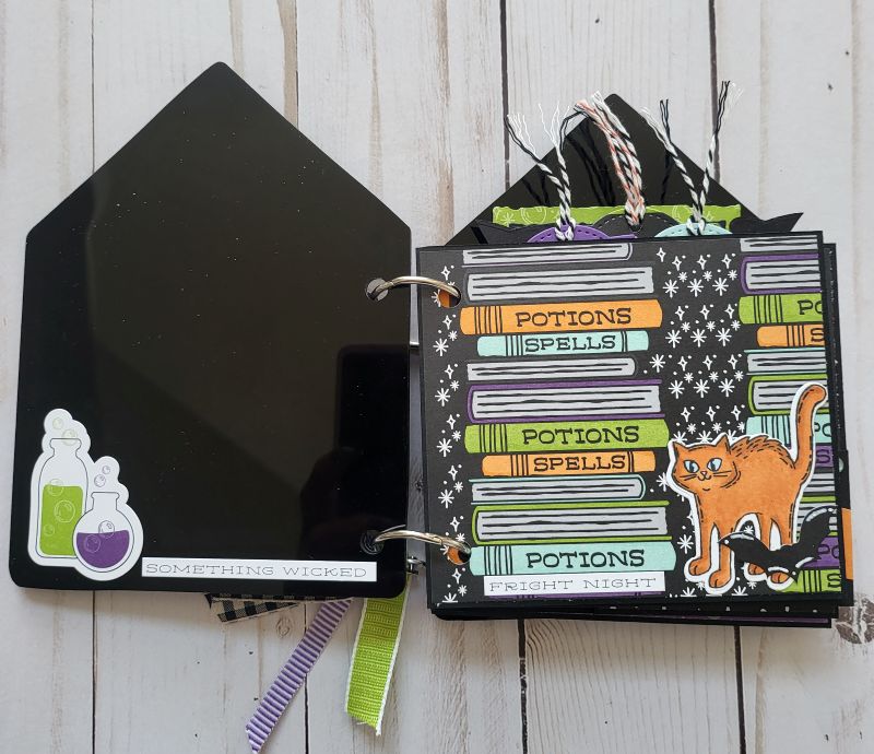 Potions & Spells Acrylic Memory Book, Halloween, spooky, witch, bat, black, green, purple.