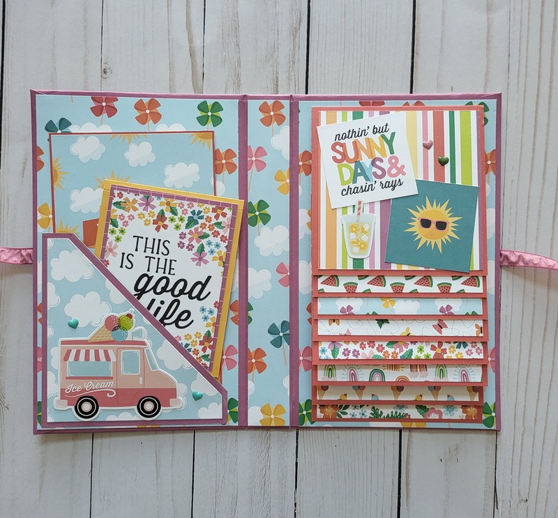 hello summer waterfall folio album, scrapbook, fun, bright, sunglasses, sun, memory album butterflies, pin wheels